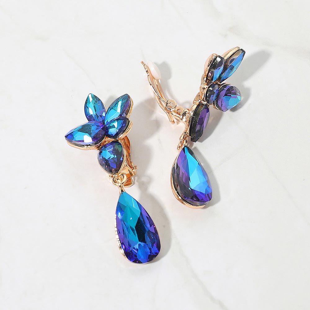 Madeline Love Blue Marquise Stone Cluster Floral Teardrop Link Evening Clip On Earrings