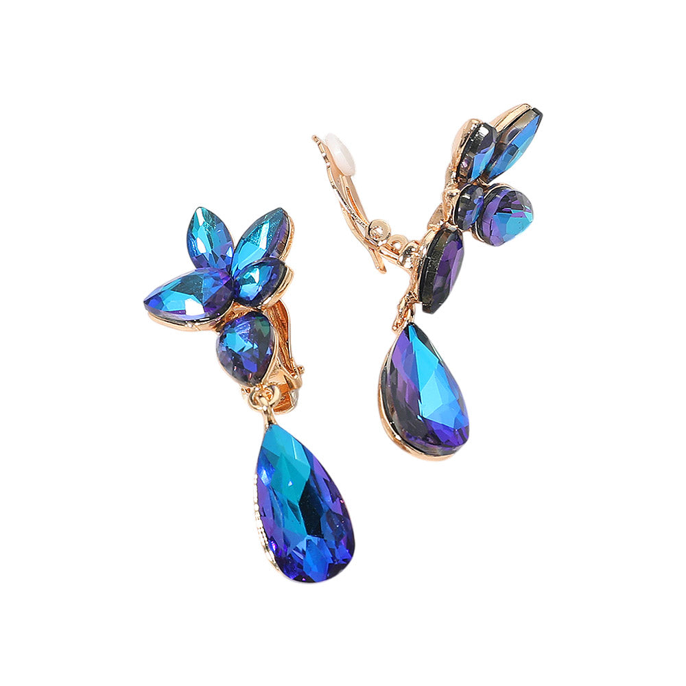 Madeline Love Blue Marquise Stone Cluster Floral Teardrop Link Evening Clip On Earrings - desc