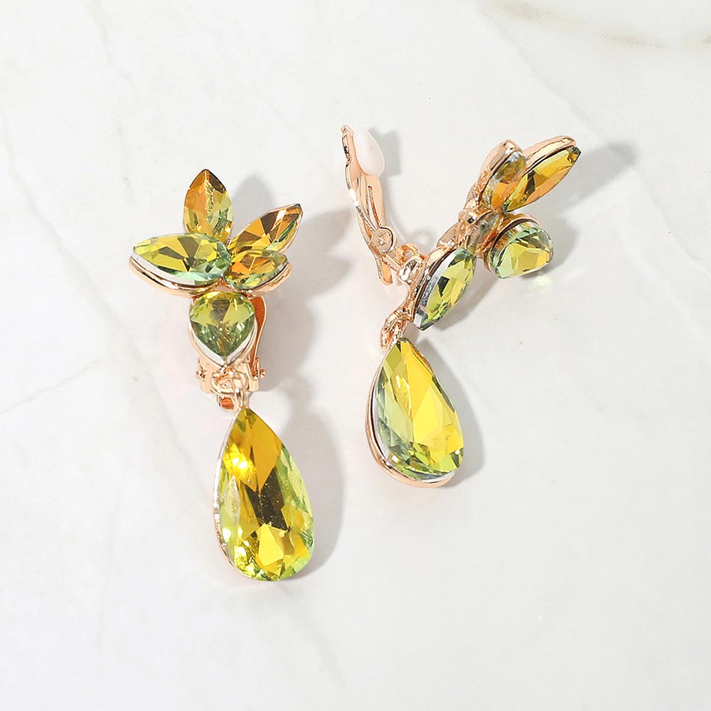 Madeline Love AB, Lt Col Topaz Marquise Stone Cluster Floral Teardrop Link Evening Clip On Earrings