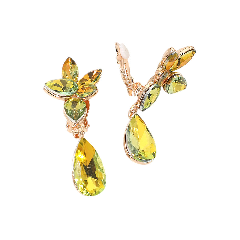 Madeline Love AB, Lt Col Topaz Marquise Stone Cluster Floral Teardrop Link Evening Clip On Earrings - desc