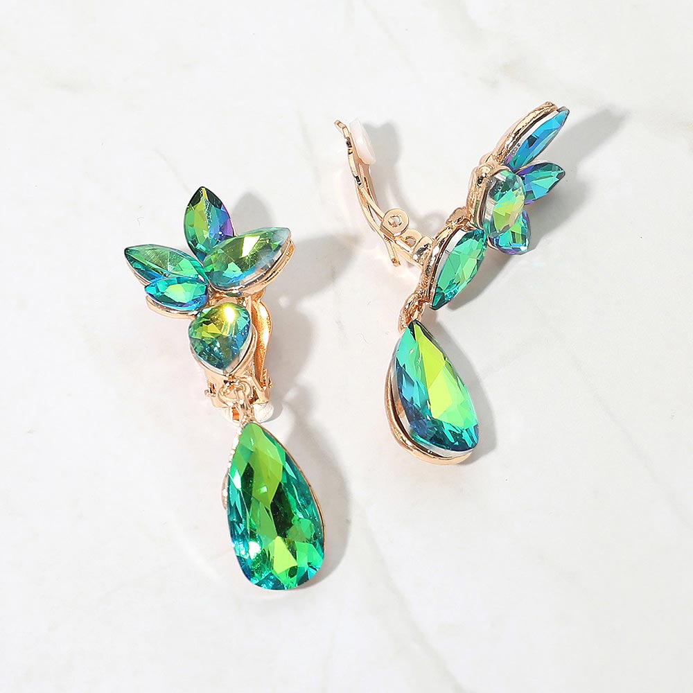 Madeline Love AB, Olive Green Marquise Stone Cluster Floral Teardrop Link Evening Clip On Earrings