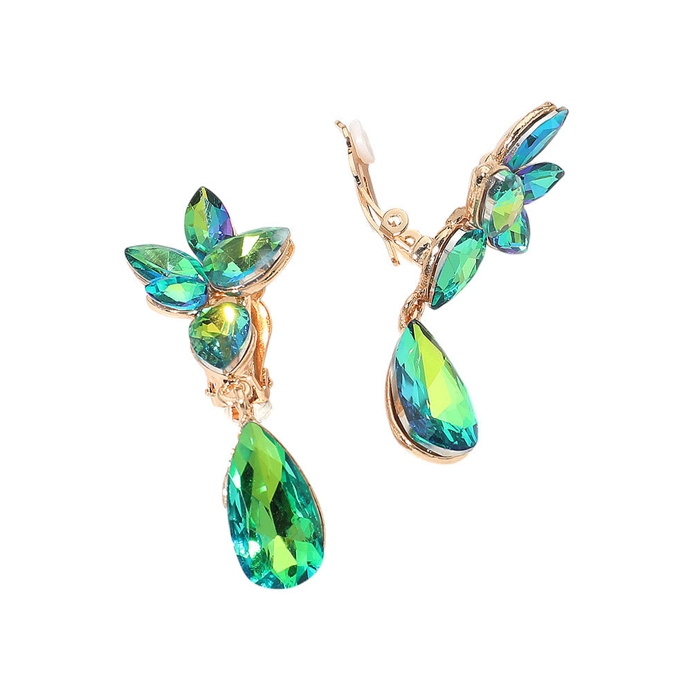 Madeline Love AB, Olive Green Marquise Stone Cluster Floral Teardrop Link Evening Clip On Earrings - desc
