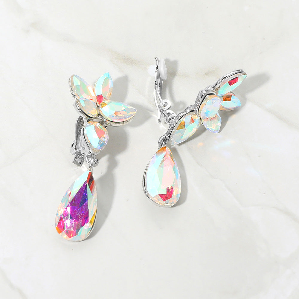 Madeline Love AB, Silver Marquise Stone Cluster Floral Teardrop Link Evening Clip On Earrings