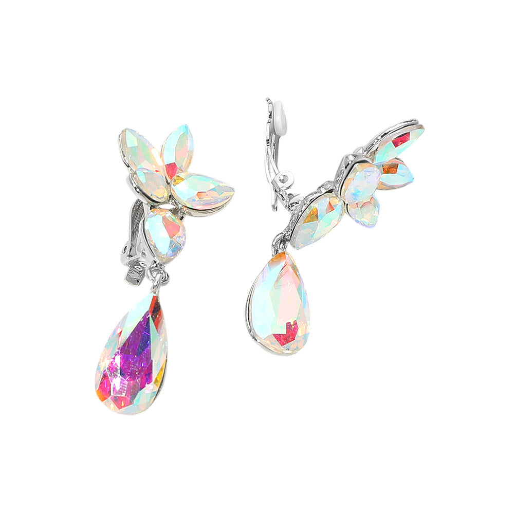 Madeline Love AB, Silver Marquise Stone Cluster Floral Teardrop Link Evening Clip On Earrings - desc