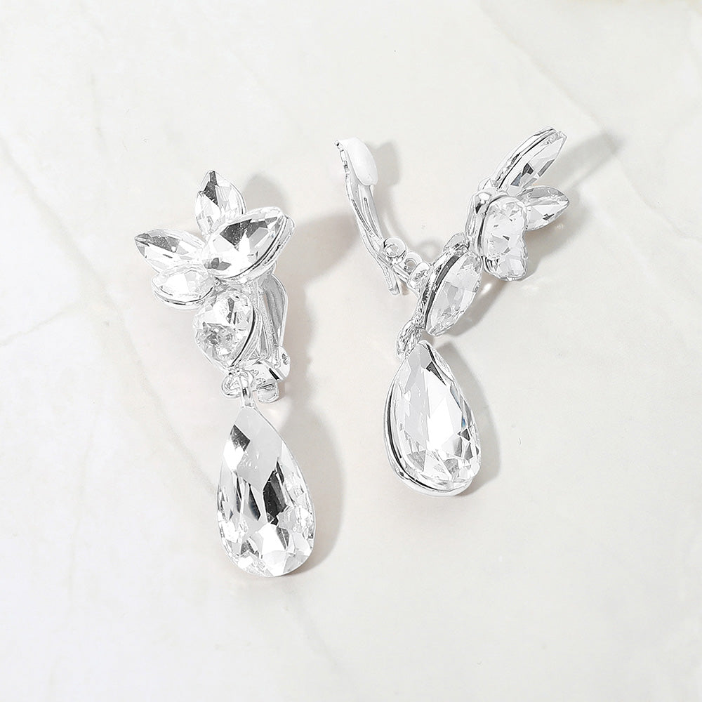 Madeline Love Clear, Silver Marquise Stone Cluster Floral Teardrop Link Evening Clip On Earrings