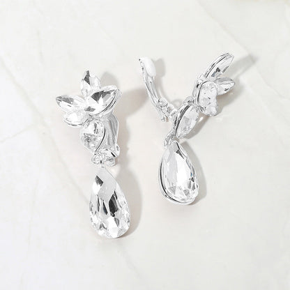 Madeline Love Clear, Silver Marquise Stone Cluster Floral Teardrop Link Evening Clip On Earrings