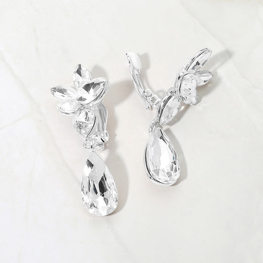 Madeline Love Clear, Silver Marquise Stone Cluster Floral Teardrop Link Evening Clip On Earrings