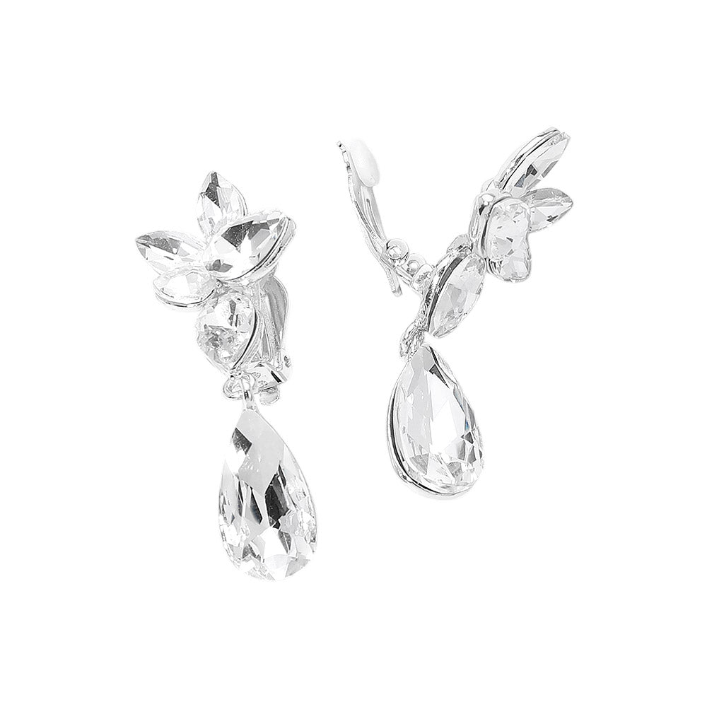 Madeline Love Clear, Silver Marquise Stone Cluster Floral Teardrop Link Evening Clip On Earrings - desc
