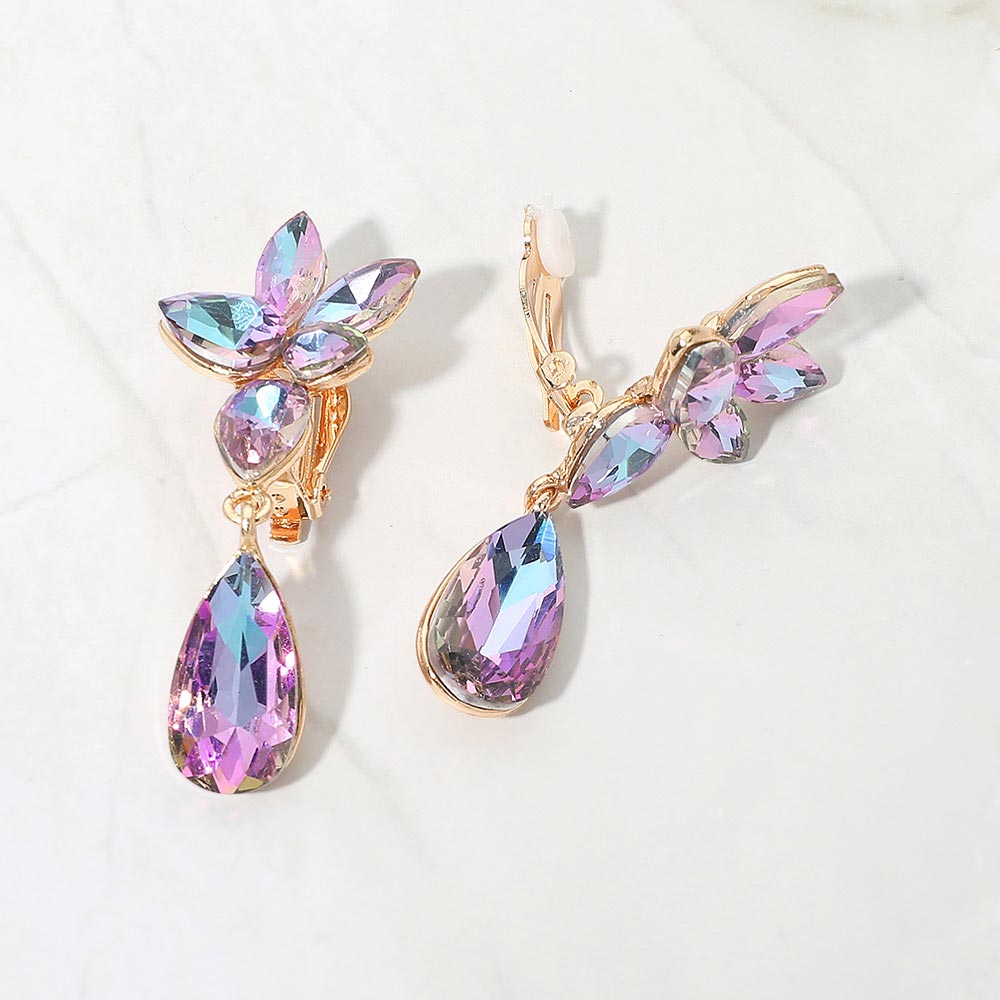 Madeline Love Vitrail Light Marquise Stone Cluster Floral Teardrop Link Evening Clip On Earrings