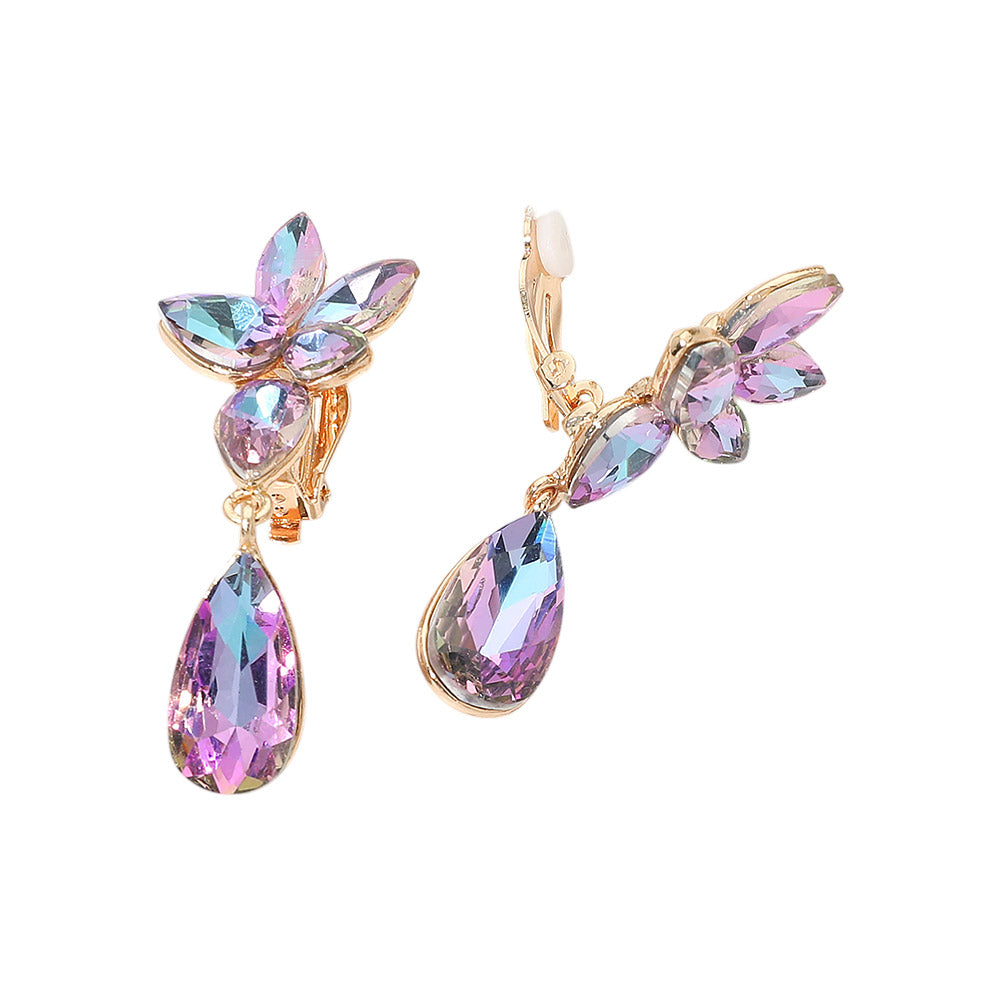 Madeline Love Vitrail Light Marquise Stone Cluster Floral Teardrop Link Evening Clip On Earrings - desc