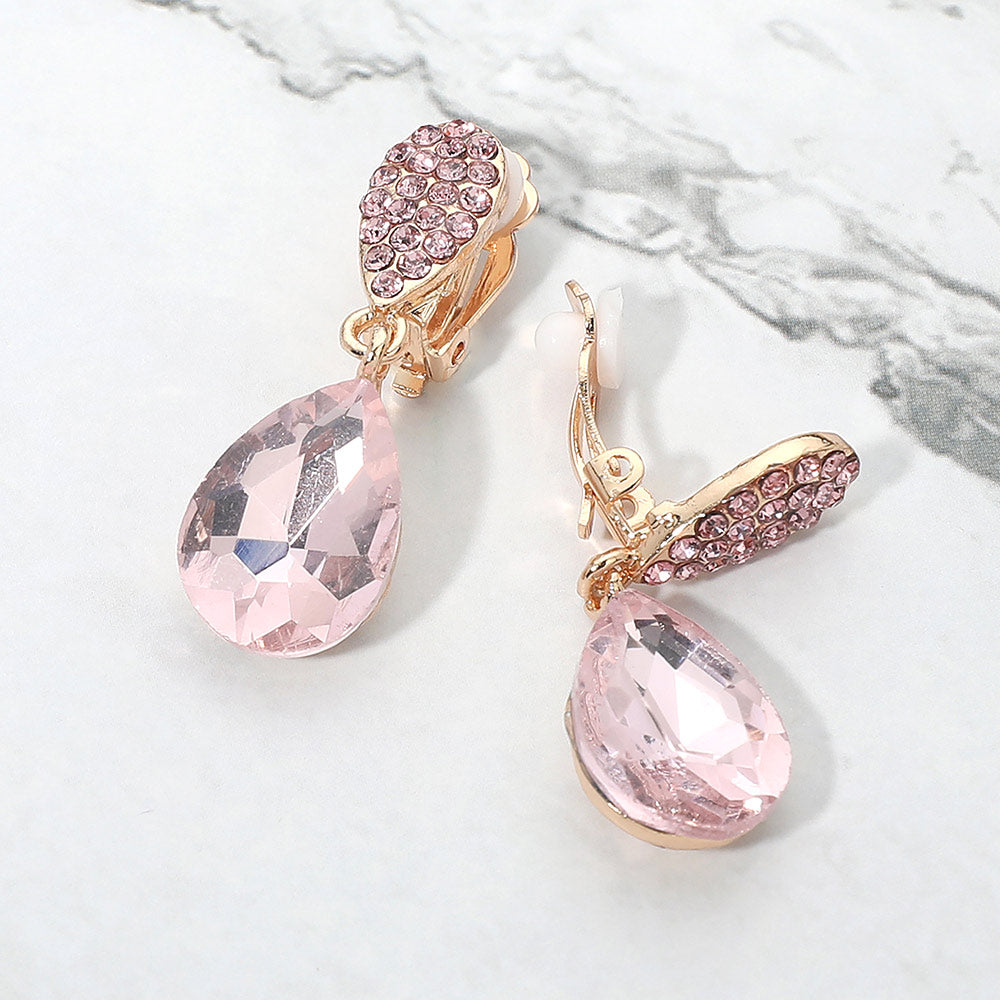 Madeline Love Pink Teardrop Cluster Drop Evening Clip On Earrings