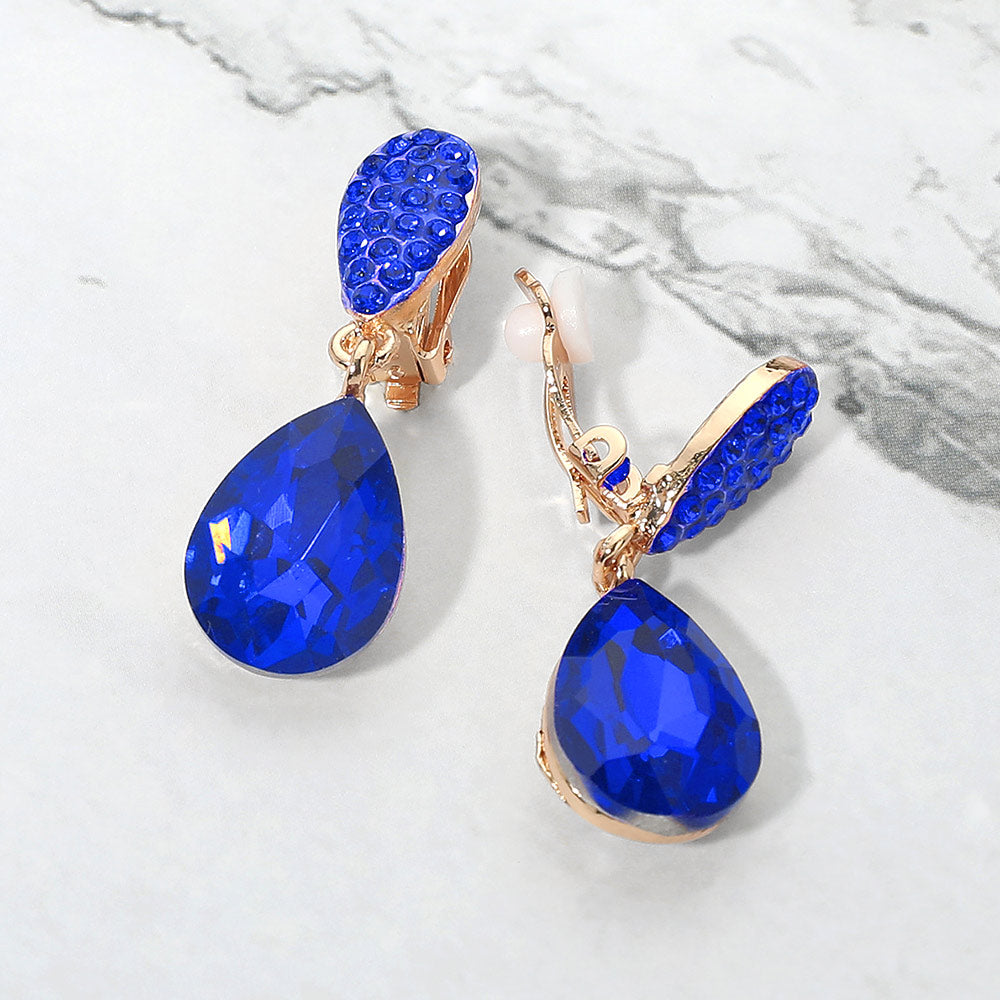 Madeline Love Sapphire Teardrop Cluster Drop Evening Clip On Earrings