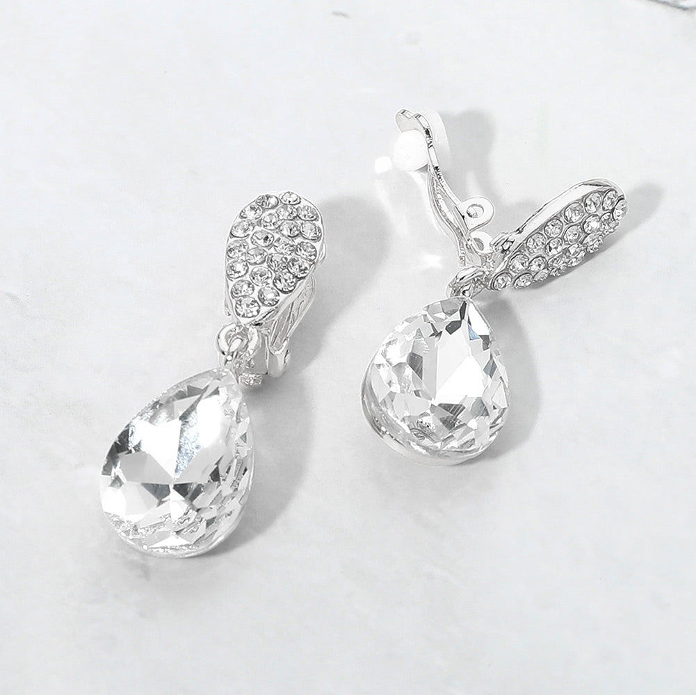 Madeline Love Clear, Silver Teardrop Cluster Drop Evening Clip On Earrings