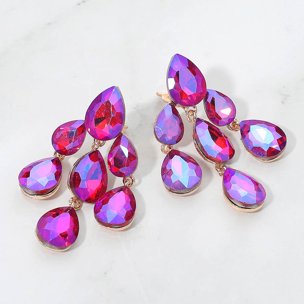 Madeline Love AB, Fuchsia Teardrop Cluster Chandelier Evening Clip On Earrings