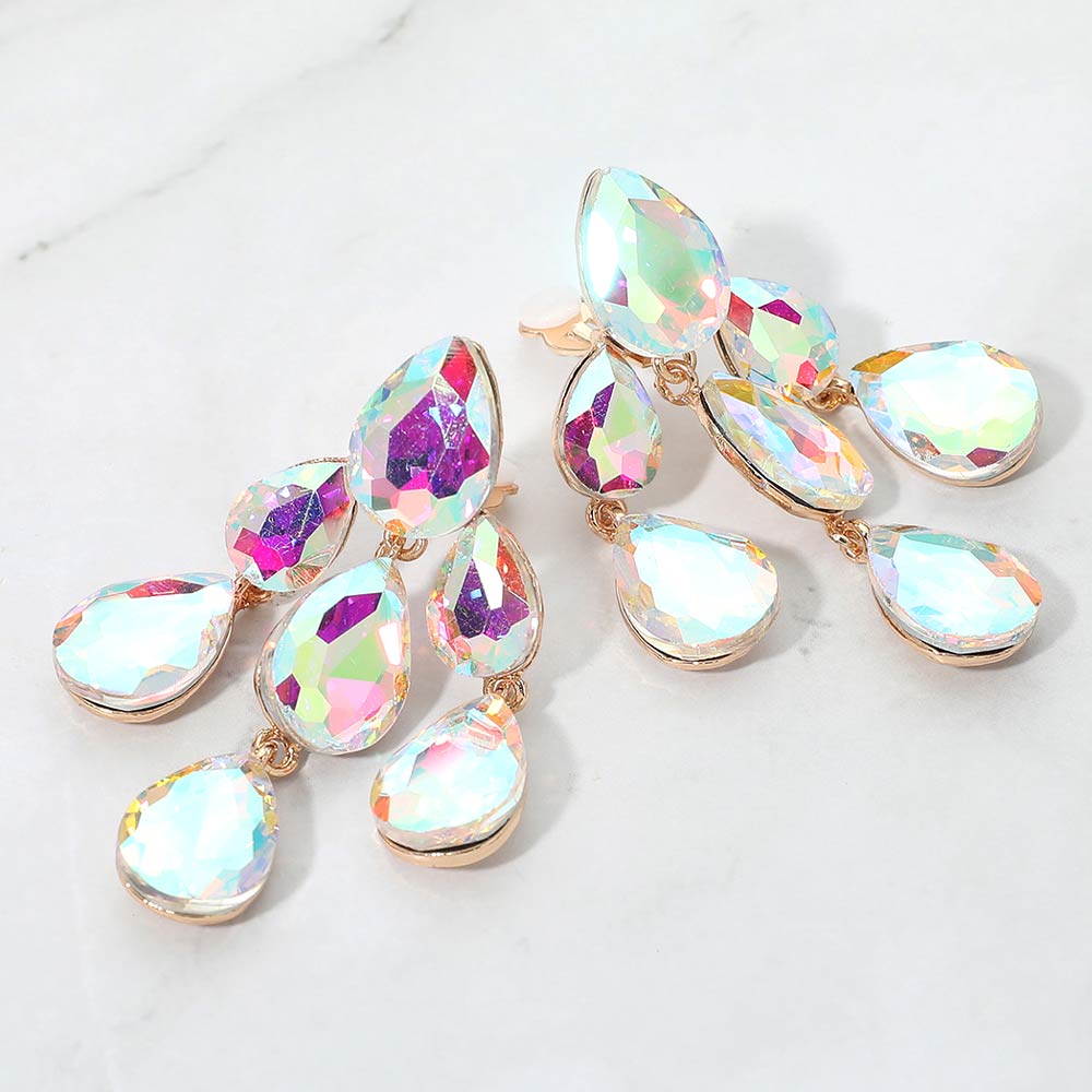 Madeline Love AB, Gold Teardrop Cluster Chandelier Evening Clip On Earrings