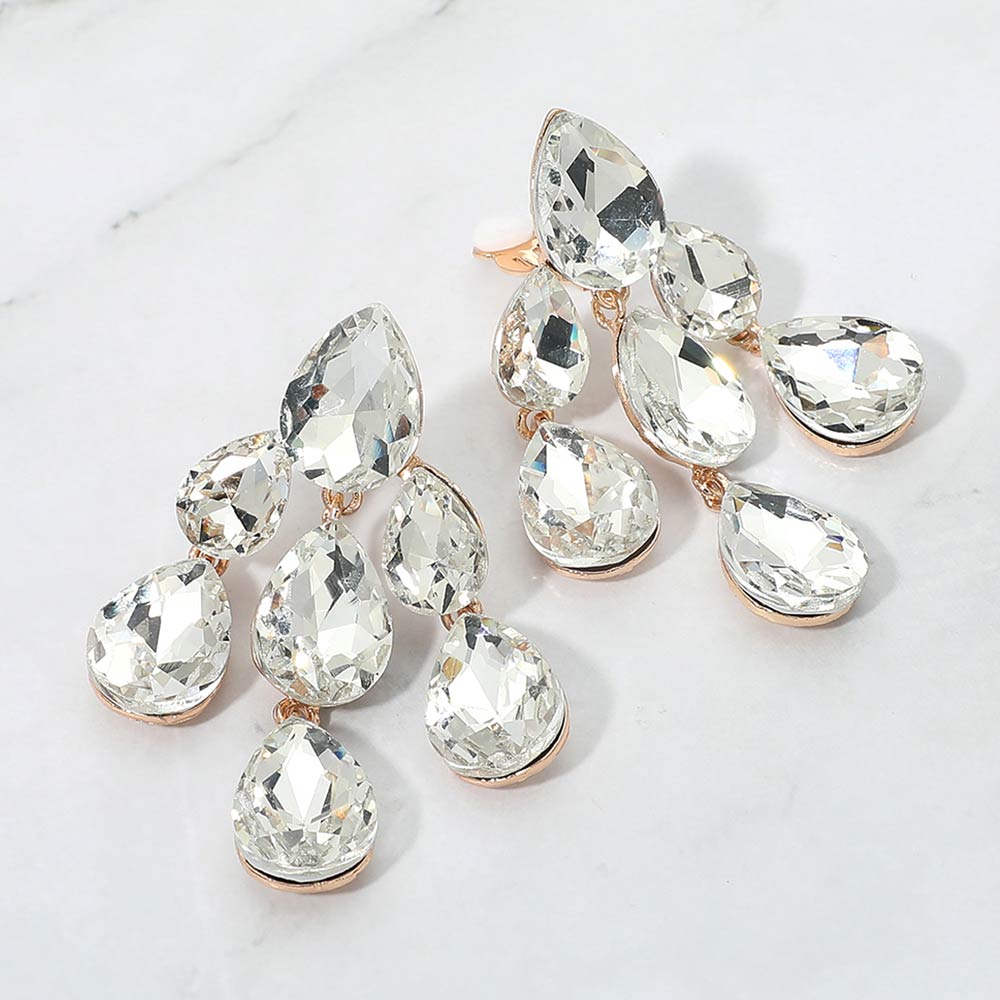 Madeline Love Clear, Gold Teardrop Cluster Chandelier Evening Clip On Earrings