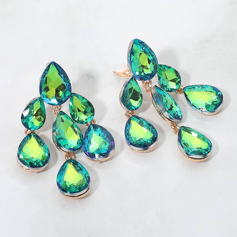 Madeline Love AB, Olive Green Teardrop Cluster Chandelier Evening Clip On Earrings