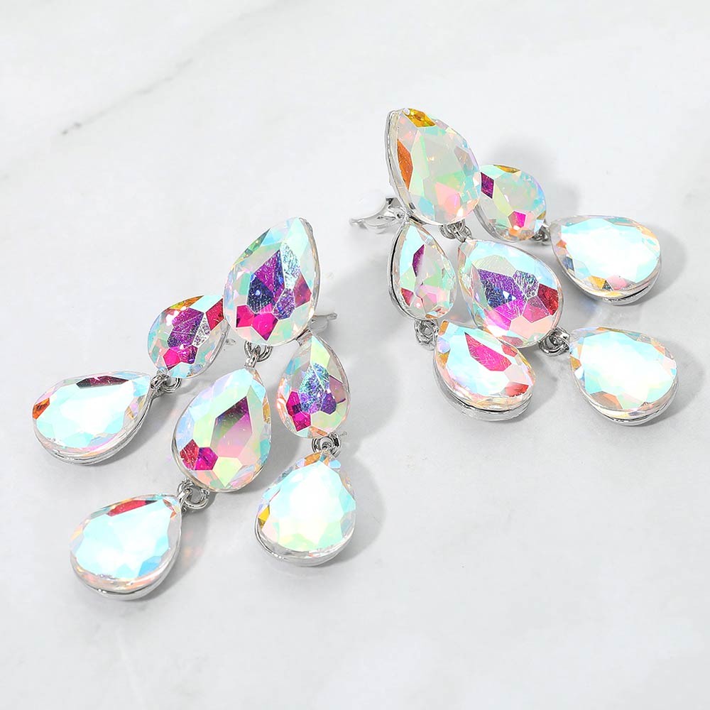 Madeline Love AB, Silver Teardrop Cluster Chandelier Evening Clip On Earrings