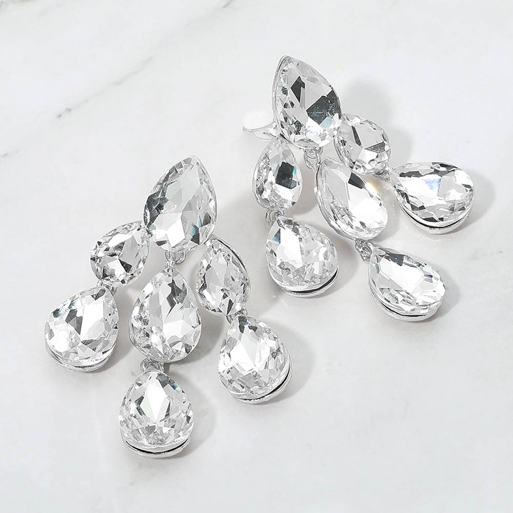 Madeline Love Clear, Silver Teardrop Cluster Chandelier Evening Clip On Earrings