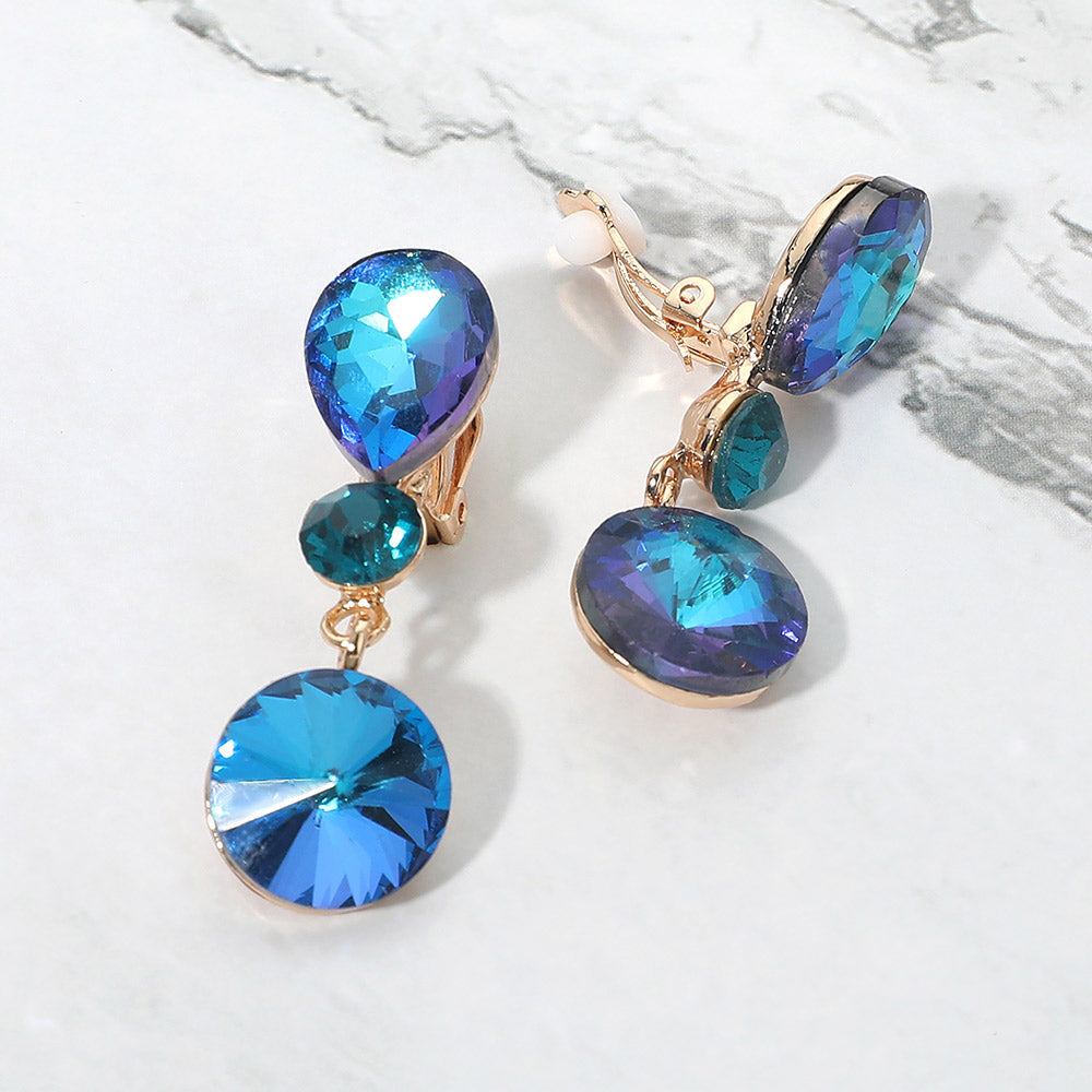Madeline Love AB, Blue Round Crystal Drop Evening Clip On Earrings