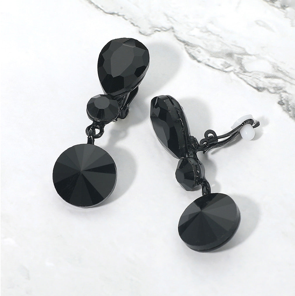 Madeline Love Jet Black Round Crystal Drop Evening Clip On Earrings