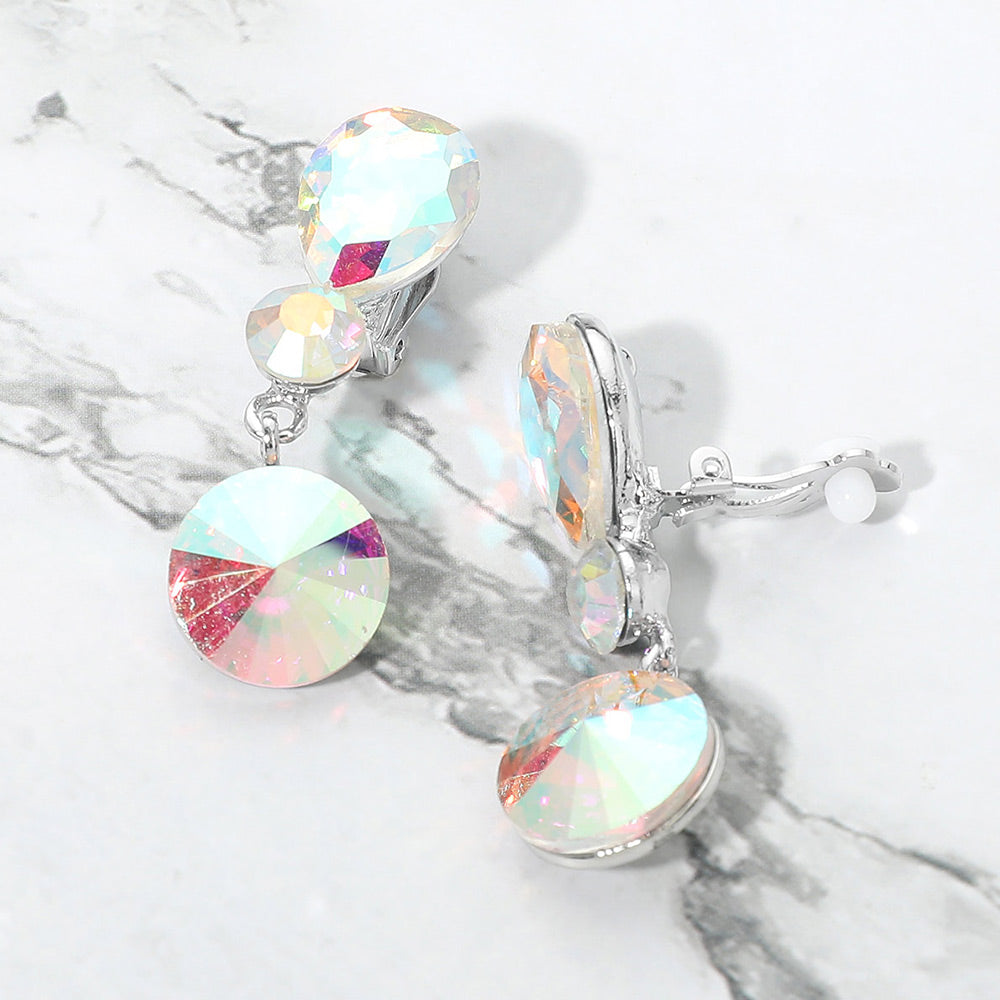Madeline Love AB, Silver Round Crystal Drop Evening Clip On Earrings