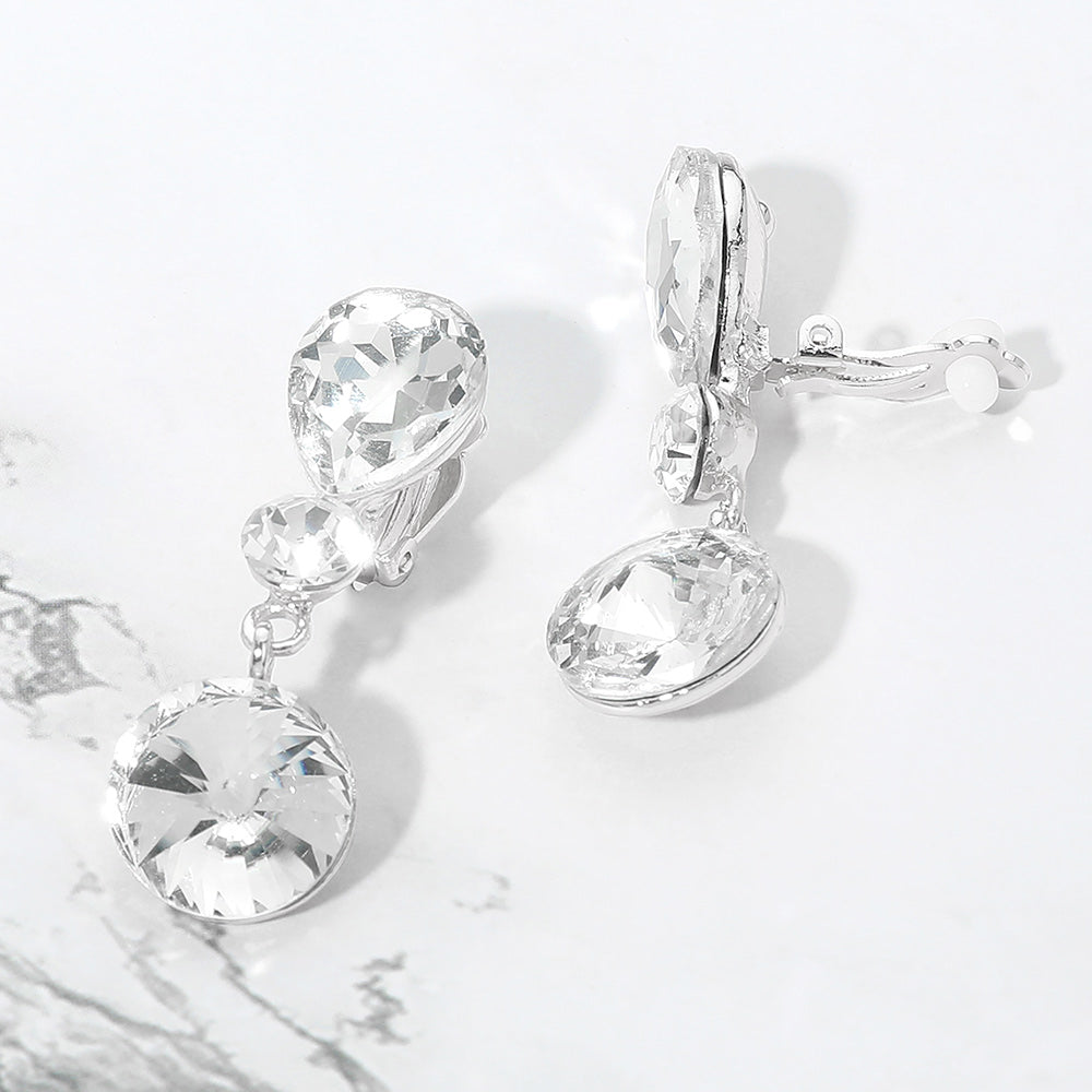 Madeline Love Clear, Silver Round Crystal Drop Evening Clip On Earrings