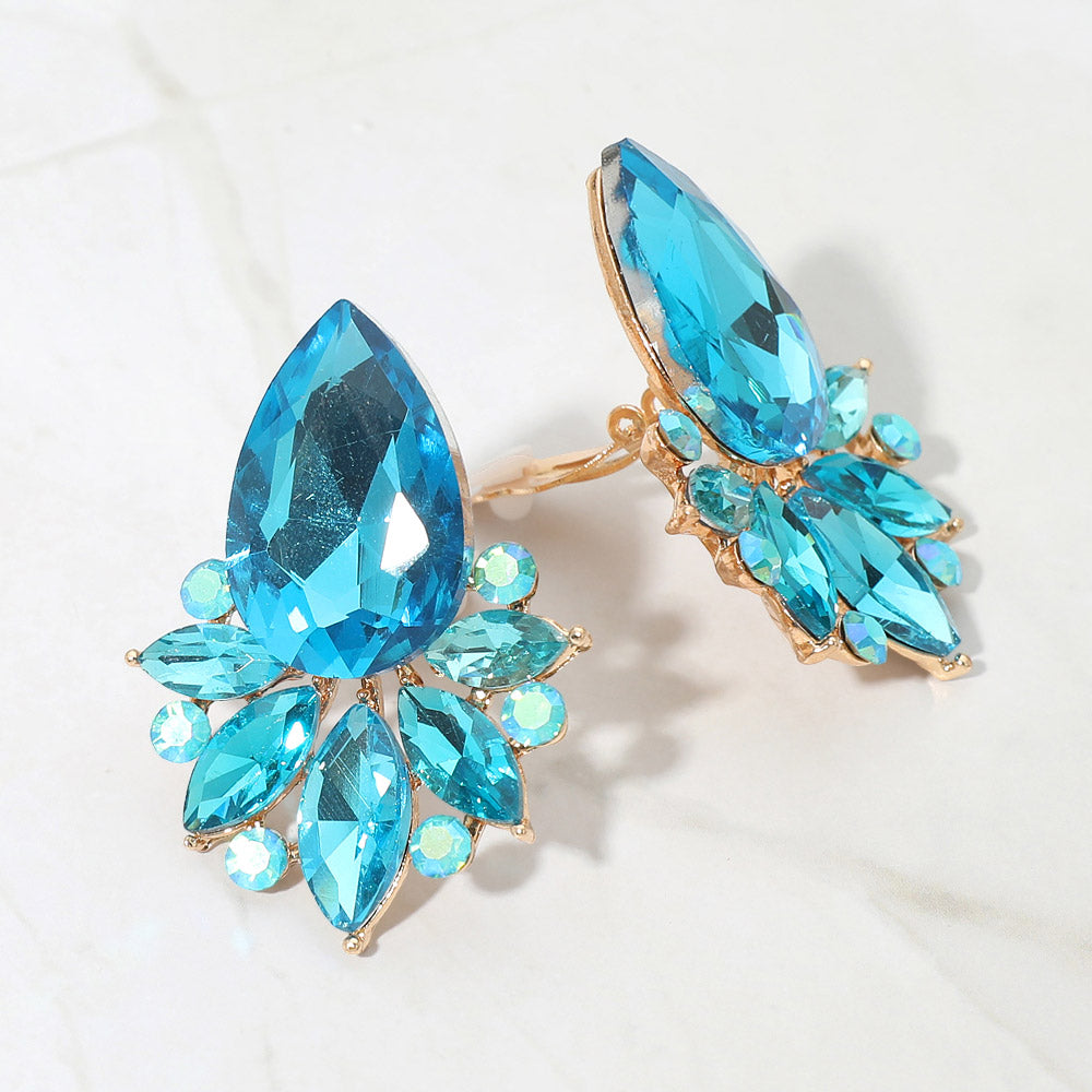 Madeline Love Aqua Teardrop Stone Cluster Accent Marquise Stone Embellished Evening Clip On Earrings
