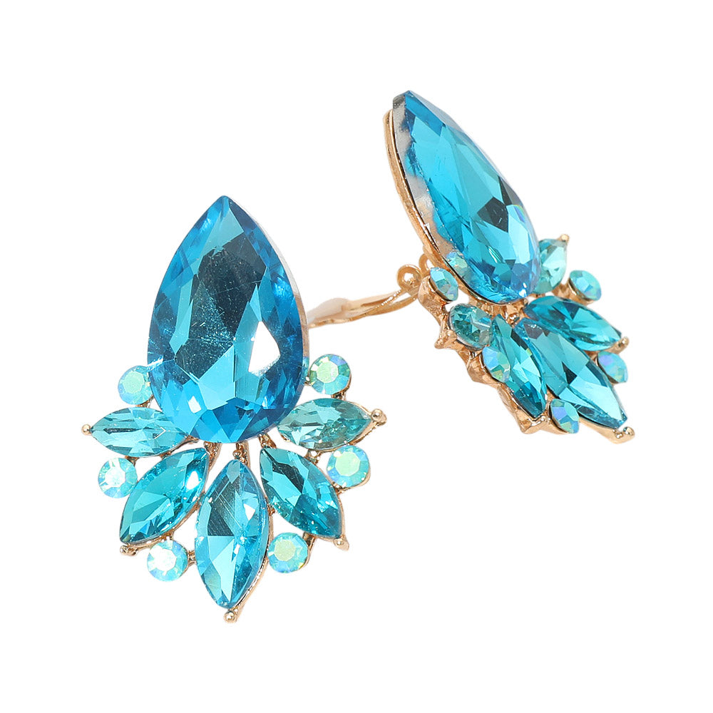 Madeline Love Aqua Teardrop Stone Cluster Accent Marquise Stone Embellished Evening Clip On Earrings - desc