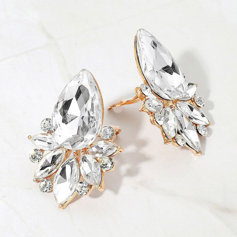 Madeline Love Clear, Gold Teardrop Stone Cluster Accent Marquise Stone Embellished Evening Clip On Earrings