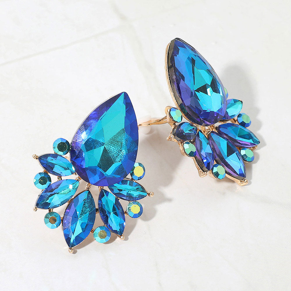 Madeline Love Blue Teardrop Stone Cluster Accent Marquise Stone Embellished Evening Clip On Earrings