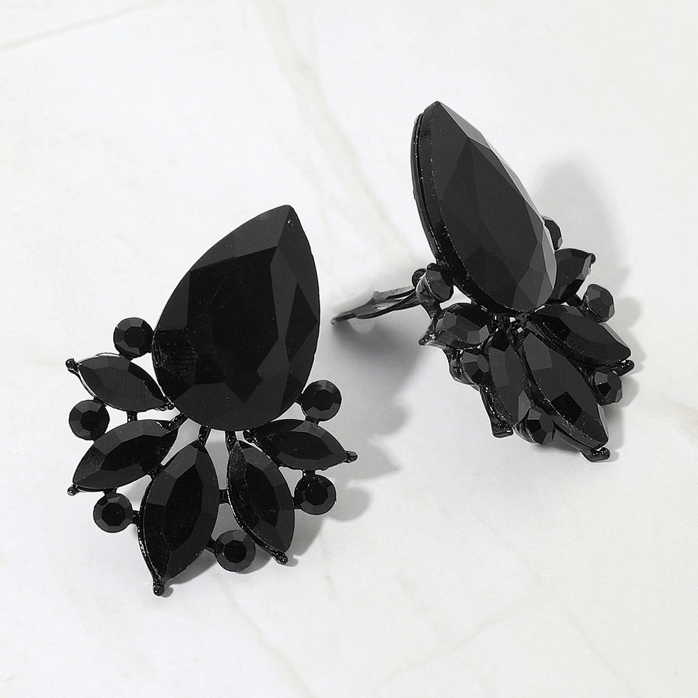 Madeline Love Jet Black Teardrop Stone Cluster Accent Marquise Stone Embellished Evening Clip On Earrings