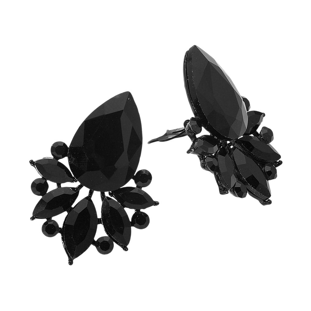 Madeline Love Jet Black Teardrop Stone Cluster Accent Marquise Stone Embellished Evening Clip On Earrings - desc