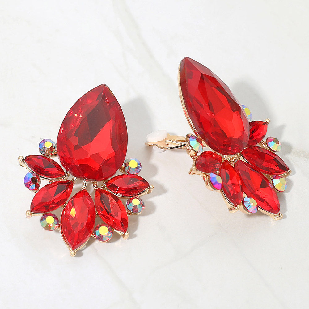 Madeline Love Red Teardrop Stone Cluster Accent Marquise Stone Embellished Evening Clip On Earrings