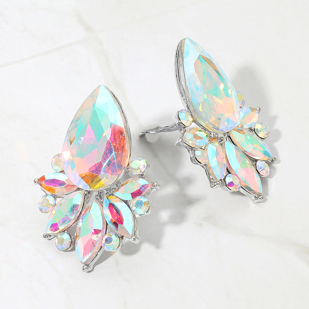 Madeline Love AB, Silver Teardrop Stone Cluster Accent Marquise Stone Embellished Evening Clip On Earrings
