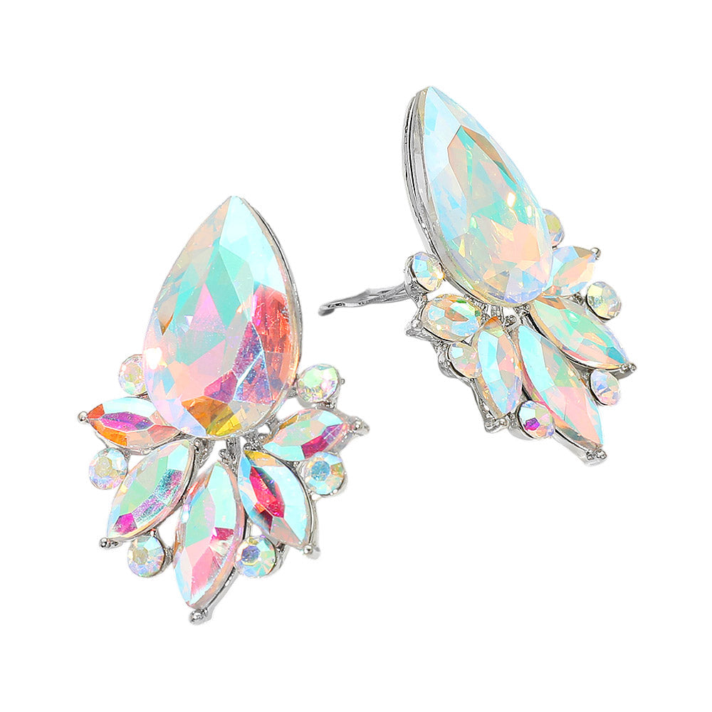 Madeline Love AB, Silver Teardrop Stone Cluster Accent Marquise Stone Embellished Evening Clip On Earrings - desc