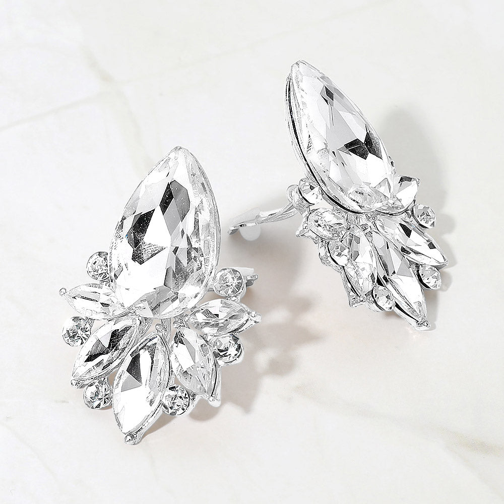 Madeline Love Clear, Silver Teardrop Stone Cluster Accent Marquise Stone Embellished Evening Clip On Earrings