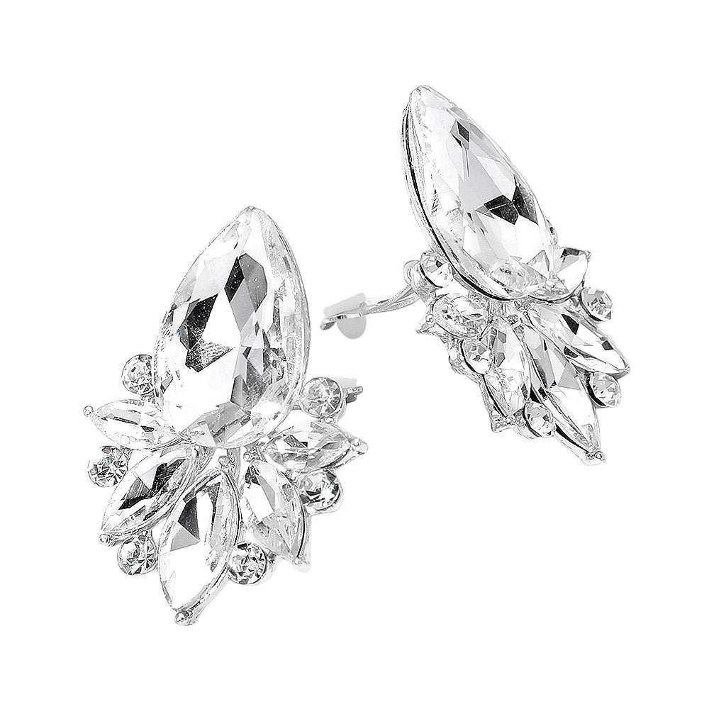 Madeline Love Clear, Silver Teardrop Stone Cluster Accent Marquise Stone Embellished Evening Clip On Earrings - desc