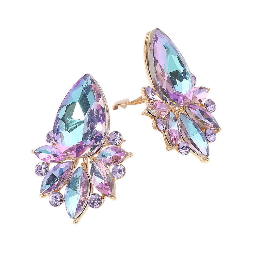 Madeline Love Vitrail Light Teardrop Stone Cluster Accent Marquise Stone Embellished Evening Clip On Earrings - desc