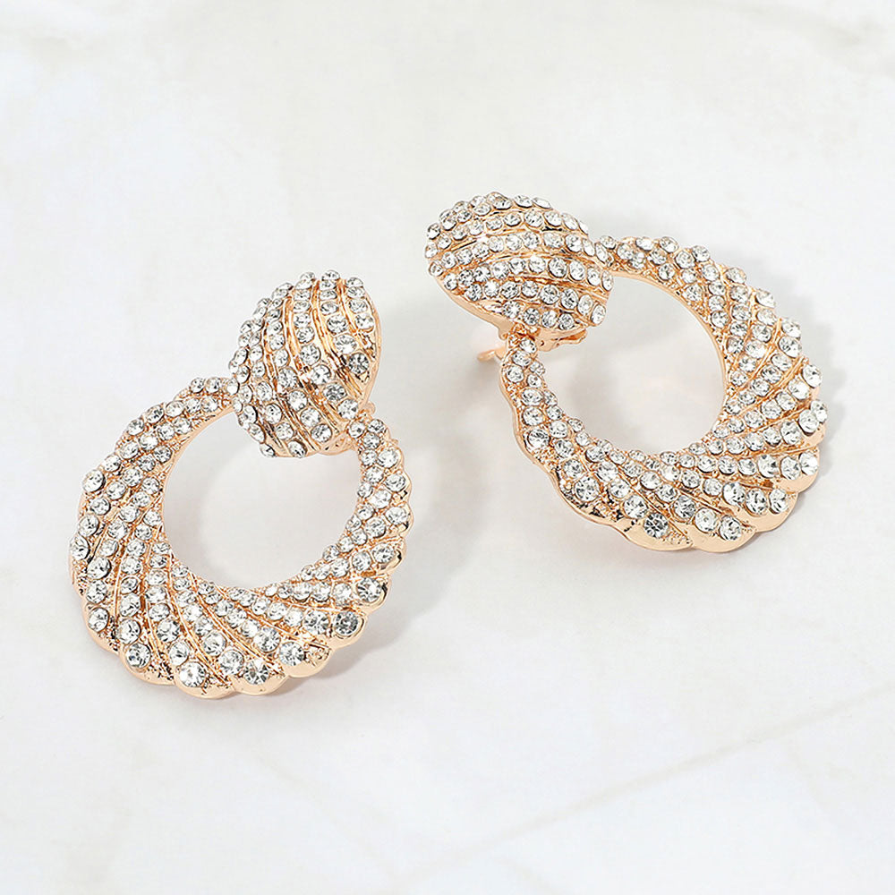 Madeline Love Clear, Gold Rhinestone Pave Open Ring Door Knocker Clip On Earrings