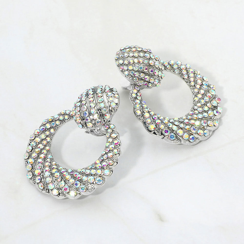 Madeline Love AB, Silver Rhinestone Pave Open Ring Door Knocker Clip On Earrings