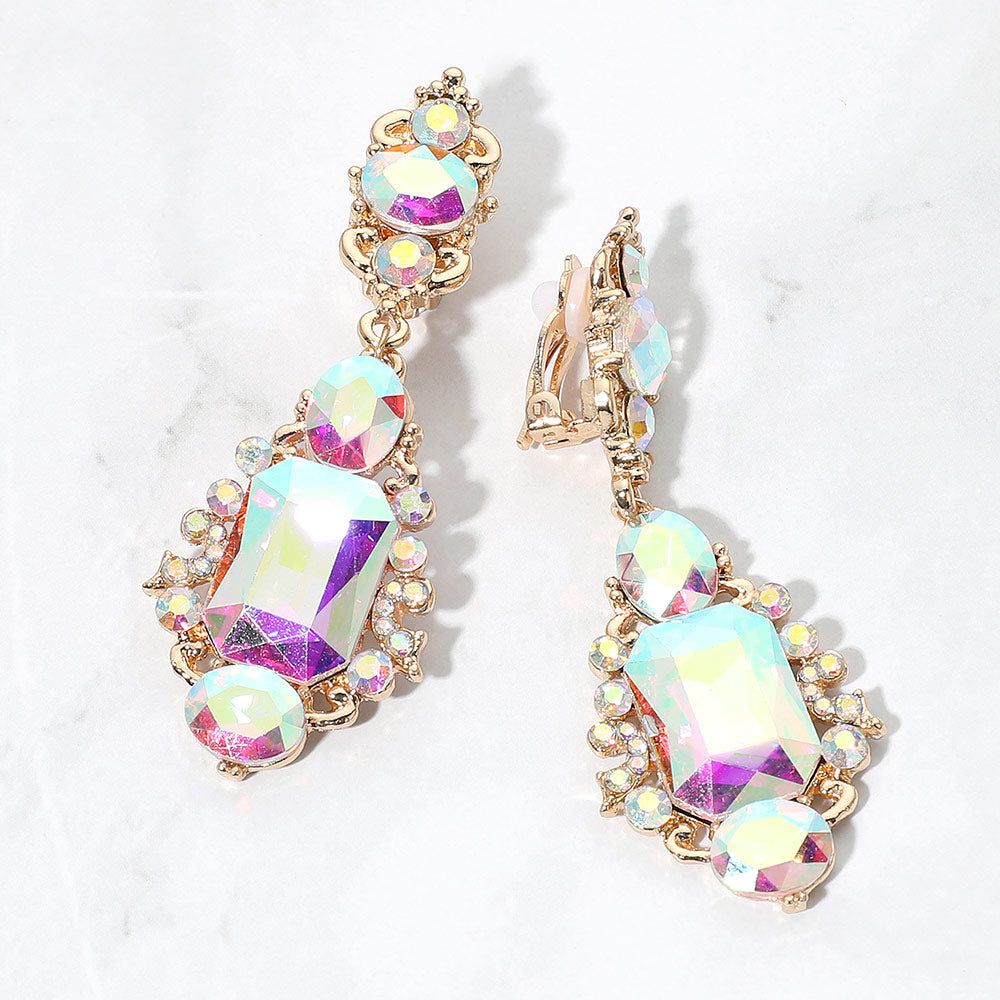 Madeline Love AB, Gold Rectangular Oval Crystal Drop Evening Clip On Earrings