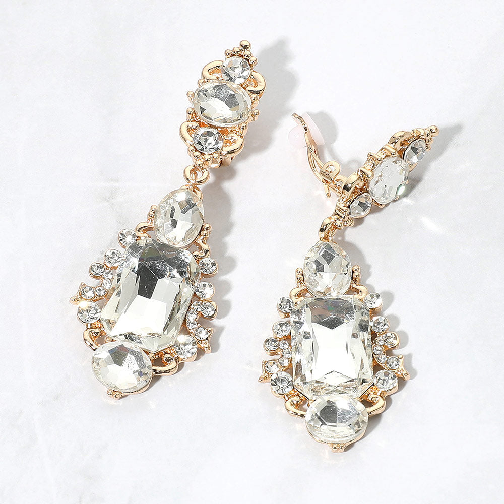 Madeline Love Clear, Gold Rectangular Oval Crystal Drop Evening Clip On Earrings