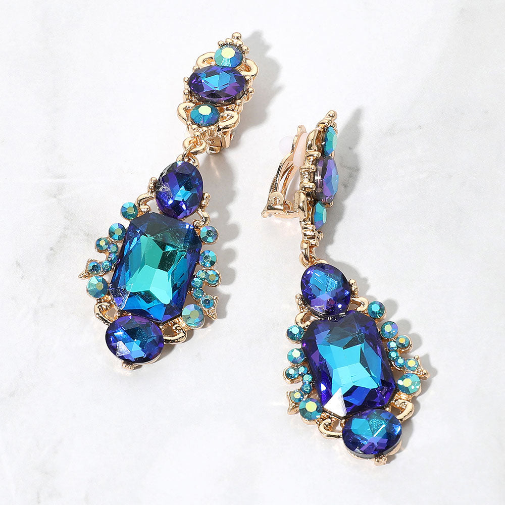 Madeline Love AB, Blue, Gold Rectangular Oval Crystal Drop Evening Clip On Earrings