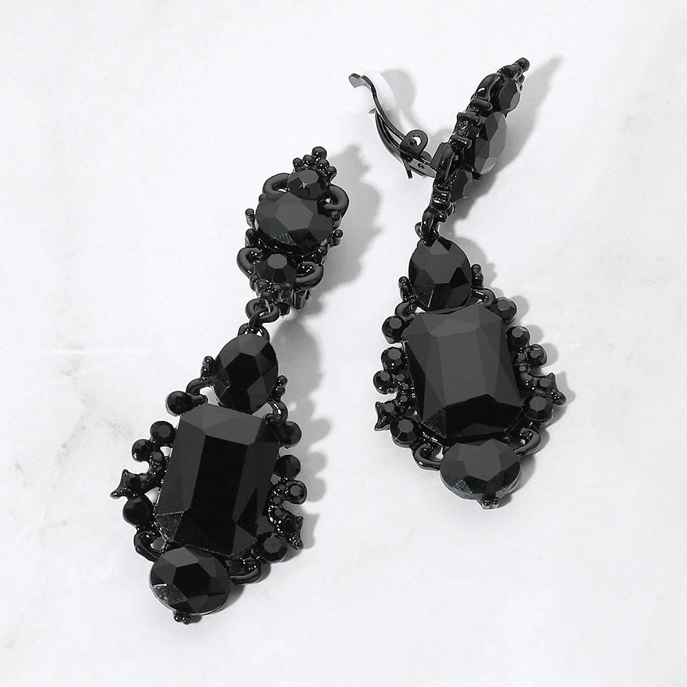 Madeline Love Jet Black Rectangular Oval Crystal Drop Evening Clip On Earrings