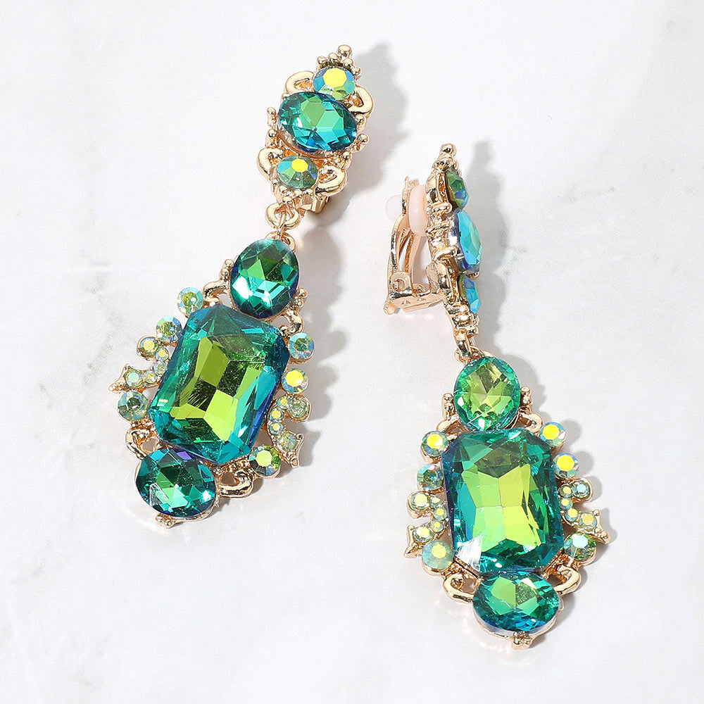 Madeline Love AB, Olive Green Rectangular Oval Crystal Drop Evening Clip On Earrings