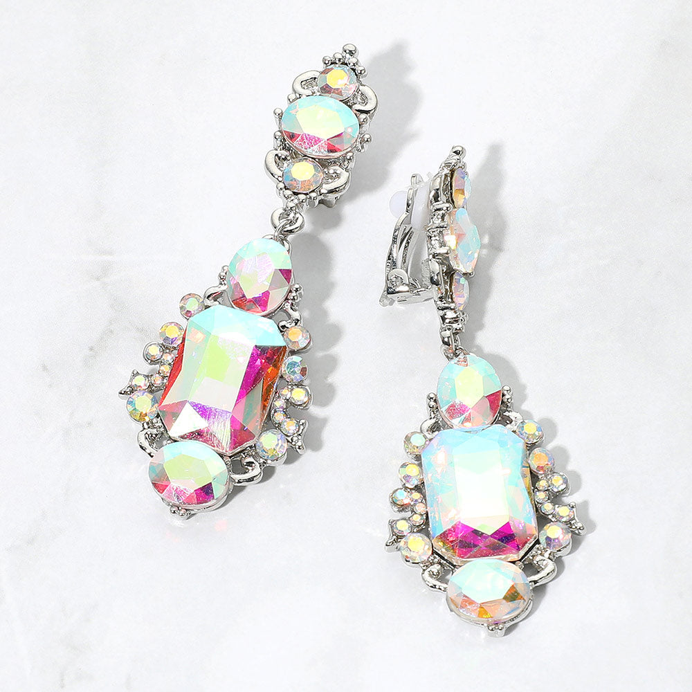 Madeline Love AB, Silver Rectangular Oval Crystal Drop Evening Clip On Earrings