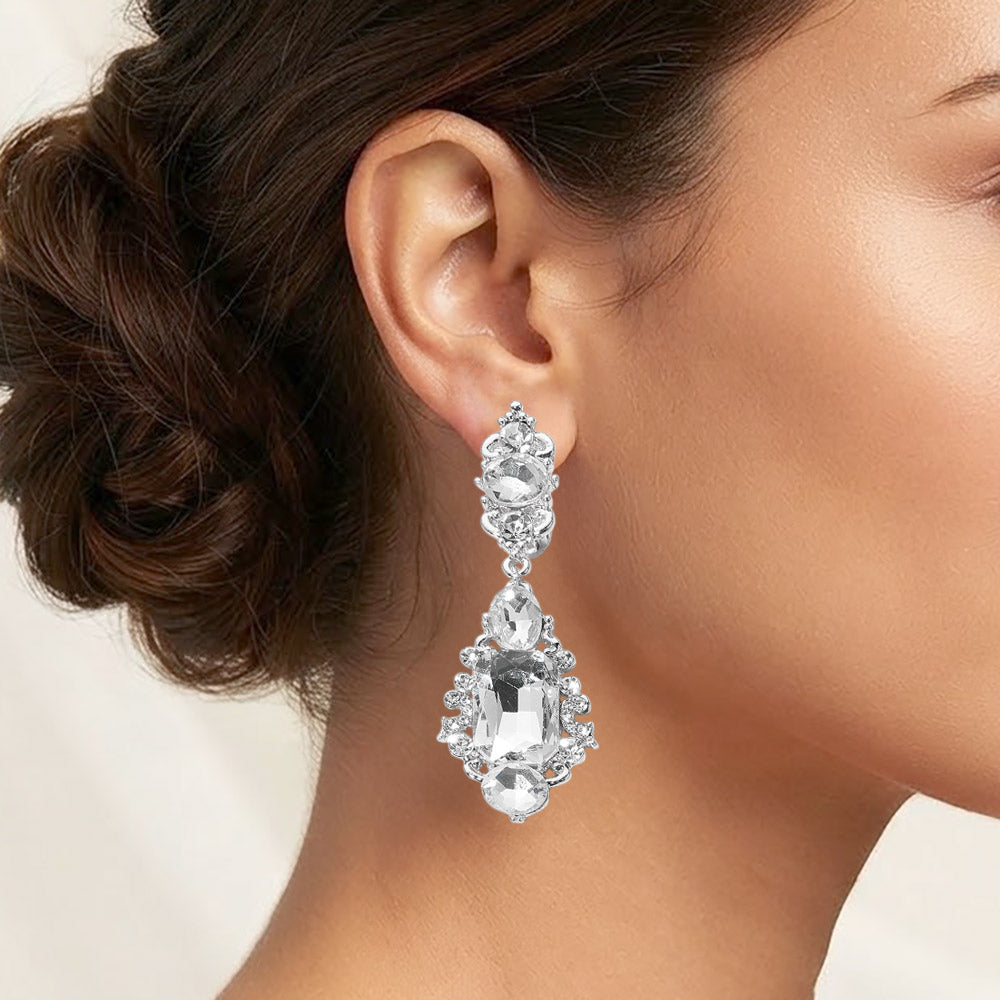 Madeline Love Clear, Silver Rectangular Oval Crystal Drop Evening Clip On Earrings