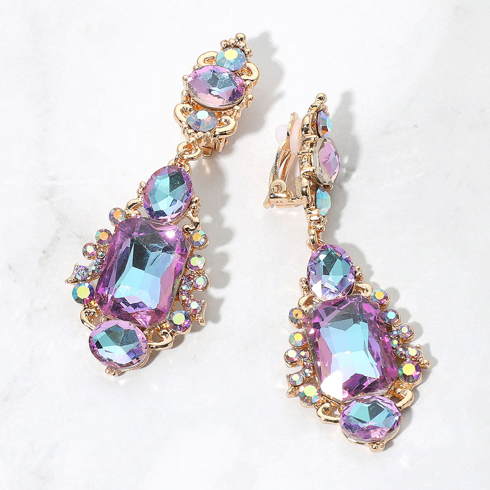 Madeline Love Vitrail Light Rectangular Oval Crystal Drop Evening Clip On Earrings