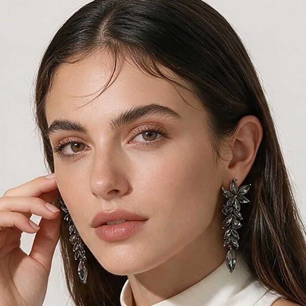 Madeline Love Black Diamond Marquise Cluster Floral Linear Drop Evening Clip On Earrings